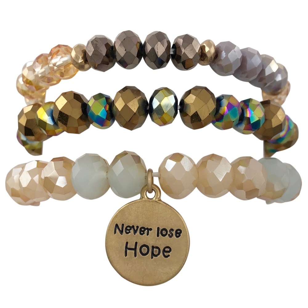 Never Lose Hope 3 Row Glass Beaded Set Layered Charm Brown Stretch Bracelets